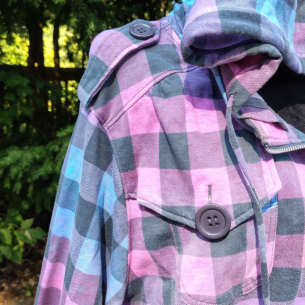 Torrid Pink and Blue Hooded Plaid Jacket - Picture 2 of 4